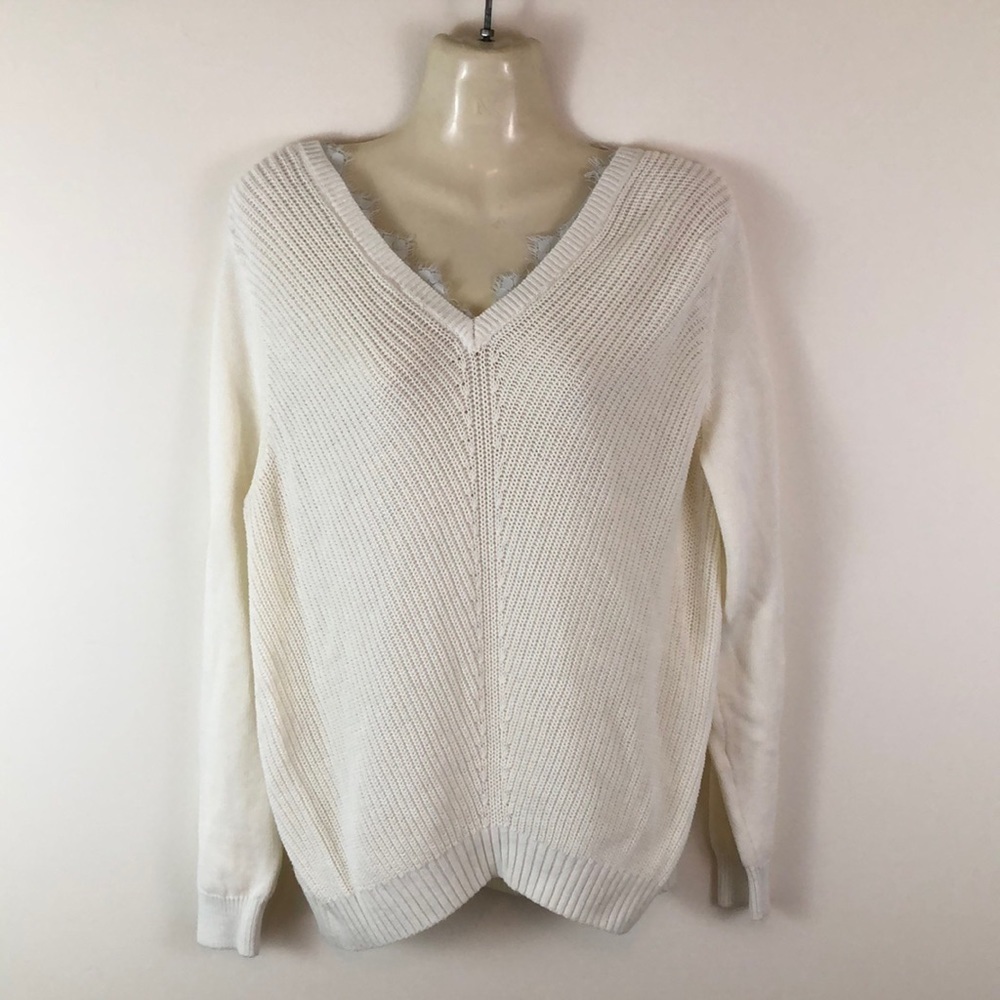 Magaschoni Ribbed Lace Trim V Neck Sweater Size Small